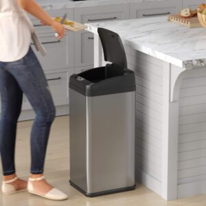 iTouchless 13 Gallon Touchless Sensor Trash Can with AbsorbX Odor Control System, Stainless Steel, Extra-Wide Lid Opening Kitchen Garbage Bin, Silver