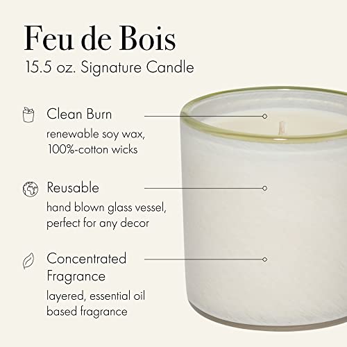 LAFCO New York Signature Candle, Feu de Bois - 15.5 oz - 90-Hour Burn Time - Reusable, Hand Blown Glass Vessel - Made in The USA
