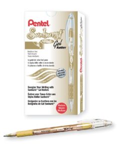 pentel sunburst metallic gel pen, medium tip, gold/transparent barrel, gold ink, box of 12 (k908-x)