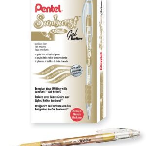 Pentel Sunburst Metallic Gel Pen, Medium Tip, Gold/Transparent Barrel, Gold Ink, Box of 12 (K908-X)