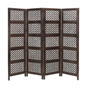 deco 79 wood floral handmade hinged foldable partition 4 panel room divider screen with intricately carved designs, 80" x 1" x 72", brown
