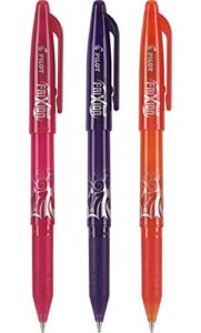pilot frixion ball erasable & refillable gel ink stick pens, fine point, pink/purple/orange inks, 3-pack (31565)