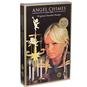 angel chimes the original & traditional decorative swedish candle for christmas, brass - chimes carousel, authentic, scandinavian, decoration & ornament for home and kitchen (+4 candles)