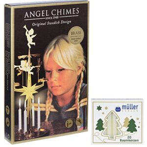 Angel Chimes The Original & Traditional Decorative Swedish Candle for Christmas, Brass - Chimes Carousel, Authentic, Scandinavian, Decoration & Ornament for Home and Kitchen (+4 Candles)