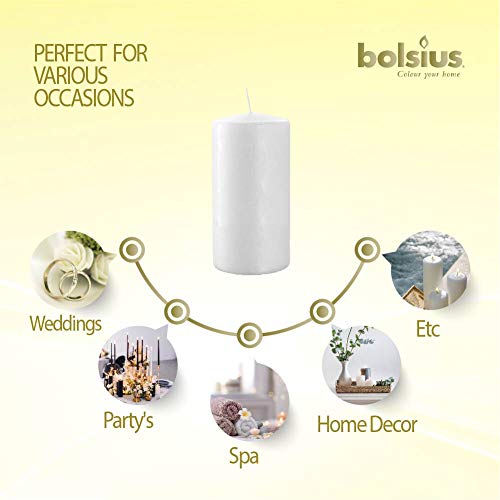 BOLSIUS White Pillar Candle Large - 4 x 8 Inches - 120 Hours Burn Time - Premium European Quality - Smooth and Smokeless Flame - Relight Unscented Wedding, Dinner, Party, and Special Occasion Candle