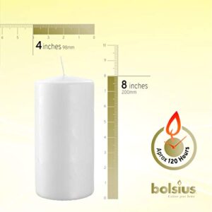 BOLSIUS White Pillar Candle Large - 4 x 8 Inches - 120 Hours Burn Time - Premium European Quality - Smooth and Smokeless Flame - Relight Unscented Wedding, Dinner, Party, and Special Occasion Candle