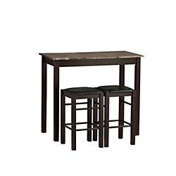 linon brown 3-piece table faux marble tavern set, 42" w x 22.25" d x 36" h
