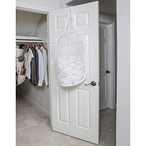 Smart Design Deluxe Mesh Over The Door Pop Up Hamper w/ Hook & Adjustable Strap - VentilAir Mesh Material - for Laundry & Clothes - Home - (Holds 3 Loads) (17 x 28 Inch) [White]