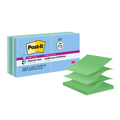 Post-it Super Sticky Pop-up Notes, 3x3 in, 10 Pads, 2x the Sticking Power, Bora Bora Collection, Cool Colors (Green, Light Blue, Blue, Mint, Green), Recyclable (R330-10SST)