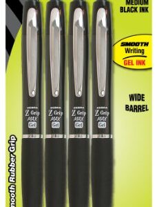 Zebra Z-Grip MAX Roller Ball Gel Retractable Pen, 0.7mm, Black, 4-Pack (42214)