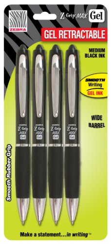 Zebra Z-Grip MAX Roller Ball Gel Retractable Pen, 0.7mm, Black, 4-Pack (42214)