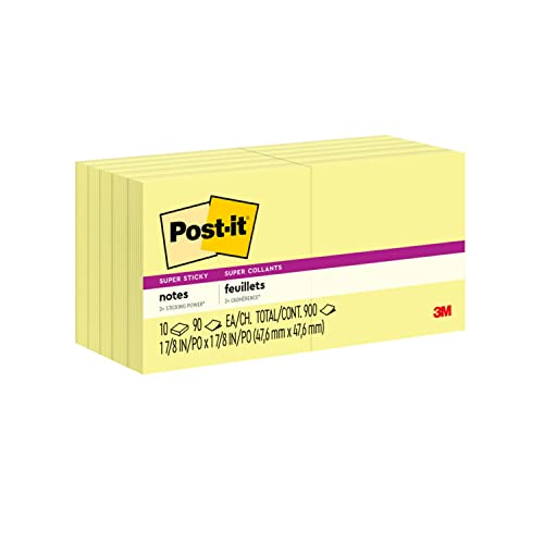 Post-it Super Sticky Notes, 3x3 in, 10 Pads, 2x the Sticking Power, Canary Yellow, Recyclable (654-10SSCY)