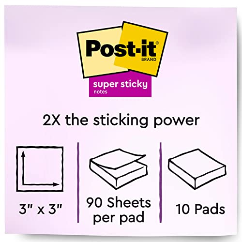 Post-it Super Sticky Notes, 3x3 in, 10 Pads, 2x the Sticking Power, Canary Yellow, Recyclable (654-10SSCY)