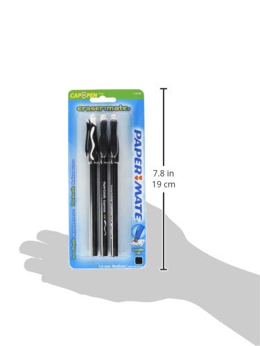 Paper Mate EraserMate Pen Stick, Stick Ball Point Pen Black Barrel Medium-1.0mm, 3-Carded, Black Ink (SAN-3160458PP)