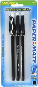 paper mate erasermate pen stick, stick ball point pen black barrel medium-1.0mm, 3-carded, black ink (san-3160458pp)