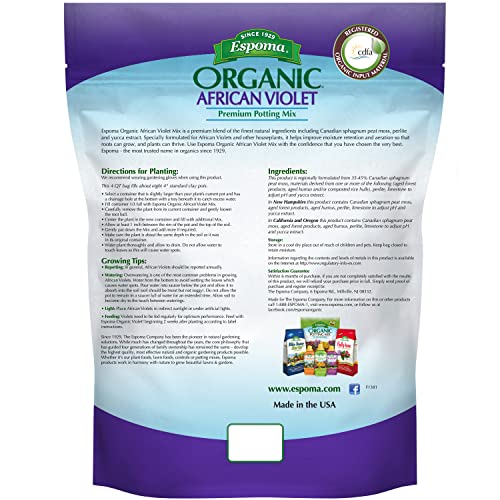 Espoma Organic Natural and Organic Premium Potting Soil Mix for African Violets and All Indoor Flowering Houseplants. for Organic Gardening. 4 Quart Bag