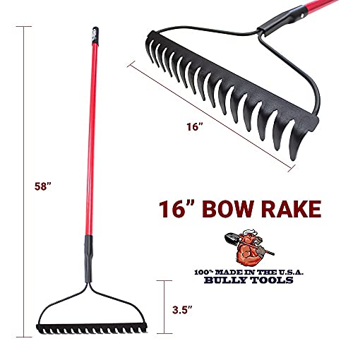 Bully Tools 92309 12-Gauge 16-Inch Bow Rake with Fiberglass Handle and 16 Steel Tines, 58-Inch