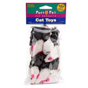 penn-plax play fur mice cat toys | mixed bag of 12 play mice with rattling sounds | 3 color variety pack - cat531, black and white