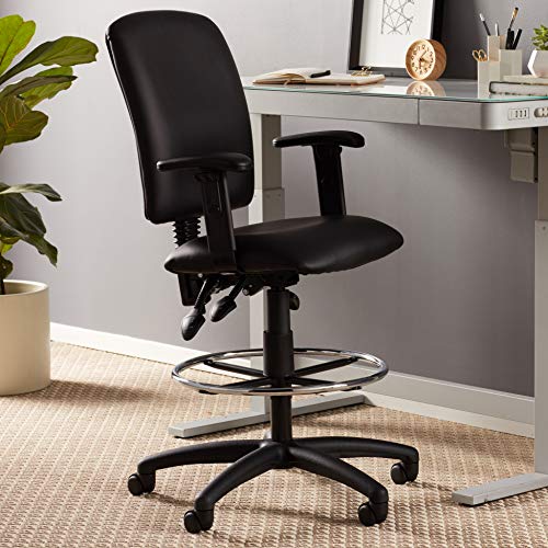 Boss Office Products Multi-Function LeatherPlus Drafting Stool with Adjustable Arms in Black