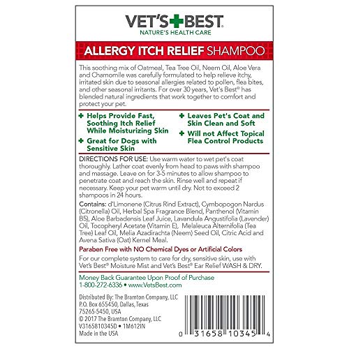 Vet's Best Allergy Itch Relief Dog Shampoo | Cleans and Relieves Discomfort from Seasonal Allergies | Gentle Formula | 16 Oz