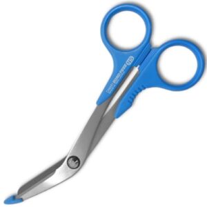 canary safety bandage scissors for nurses and veterinary, made in japan, medical trauma shears non-stick fluorine coating stainless steel blade with safe blunt tip cover, blue