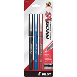 pilot precise v5 stick liquid ink rolling ball stick pens, extra fine point (0.5mm) black/blue/red inks, 3-pack (35354)