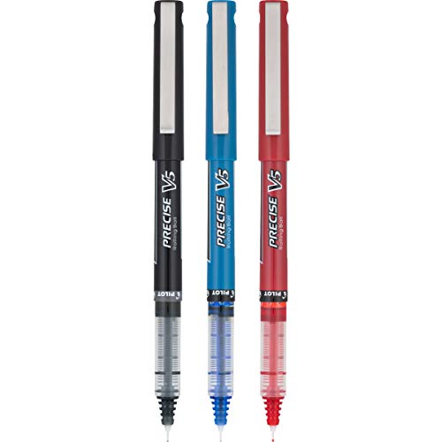 PILOT Precise V5 Stick Liquid Ink Rolling Ball Stick Pens, Extra Fine Point (0.5mm) Black/Blue/Red Inks, 3-Pack (35354)