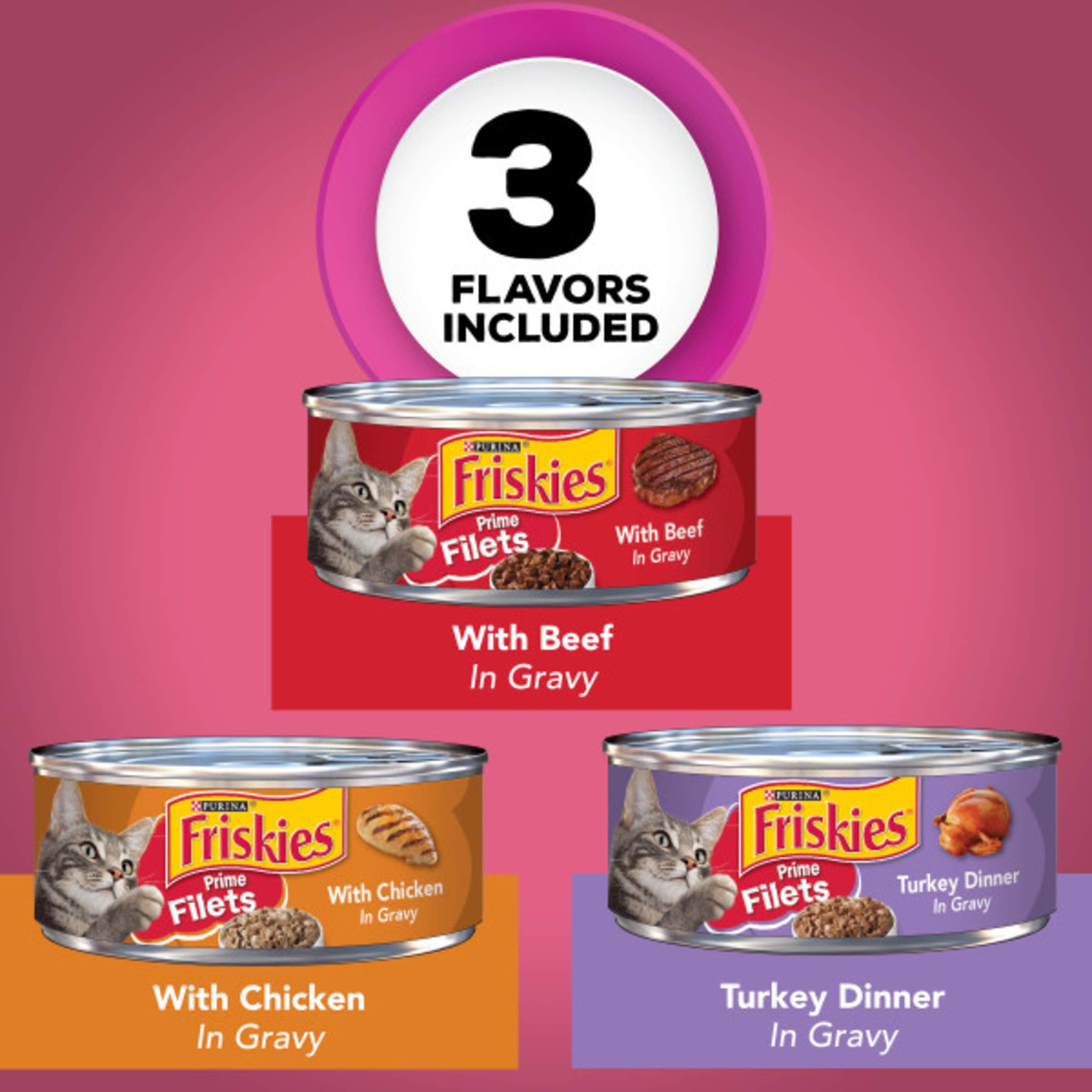 Purina Friskies Gravy Wet Cat Food Variety Pack, Prime Filets Meaty Favorites - (24) 5.5 oz. Cans