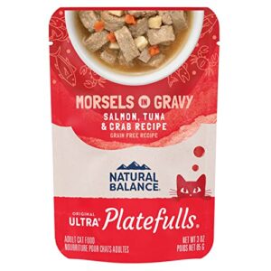 natural balance platefulls wet cat food salmon, tuna & crab formula in gravy, 3 ounce pouch (pack of 24), grain free ( packaging may vary )