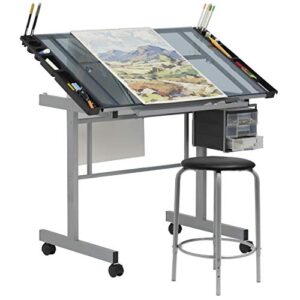 sd studio designs studio designs 2 piece vision modern metal hobby, craft, drawing, drafting table, mobile desk with 40.75" w x 25.75" d angle adjustable top in silver/blue glass