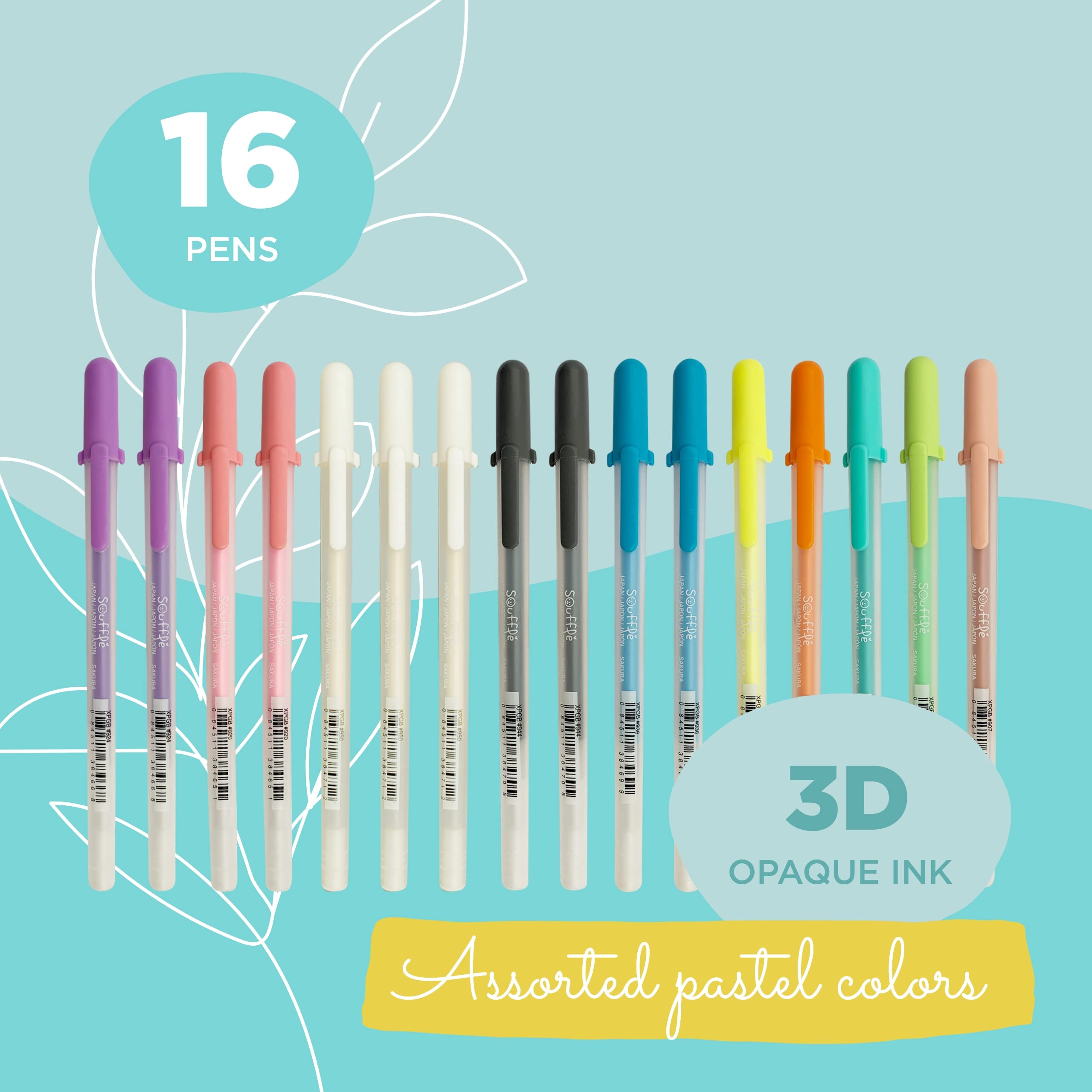 SAKURA 3D Soufflé Pen - 3-D Pen for Lettering, Drawing, Line Borders, Ornaments, & More - Opaque White and Pastel Ink Colors - 16 Pack