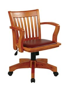osp home furnishings deluxe wood banker's desk chair with padded seat, adjustable height and locking tilt, fruitwood finish and brown vinyl