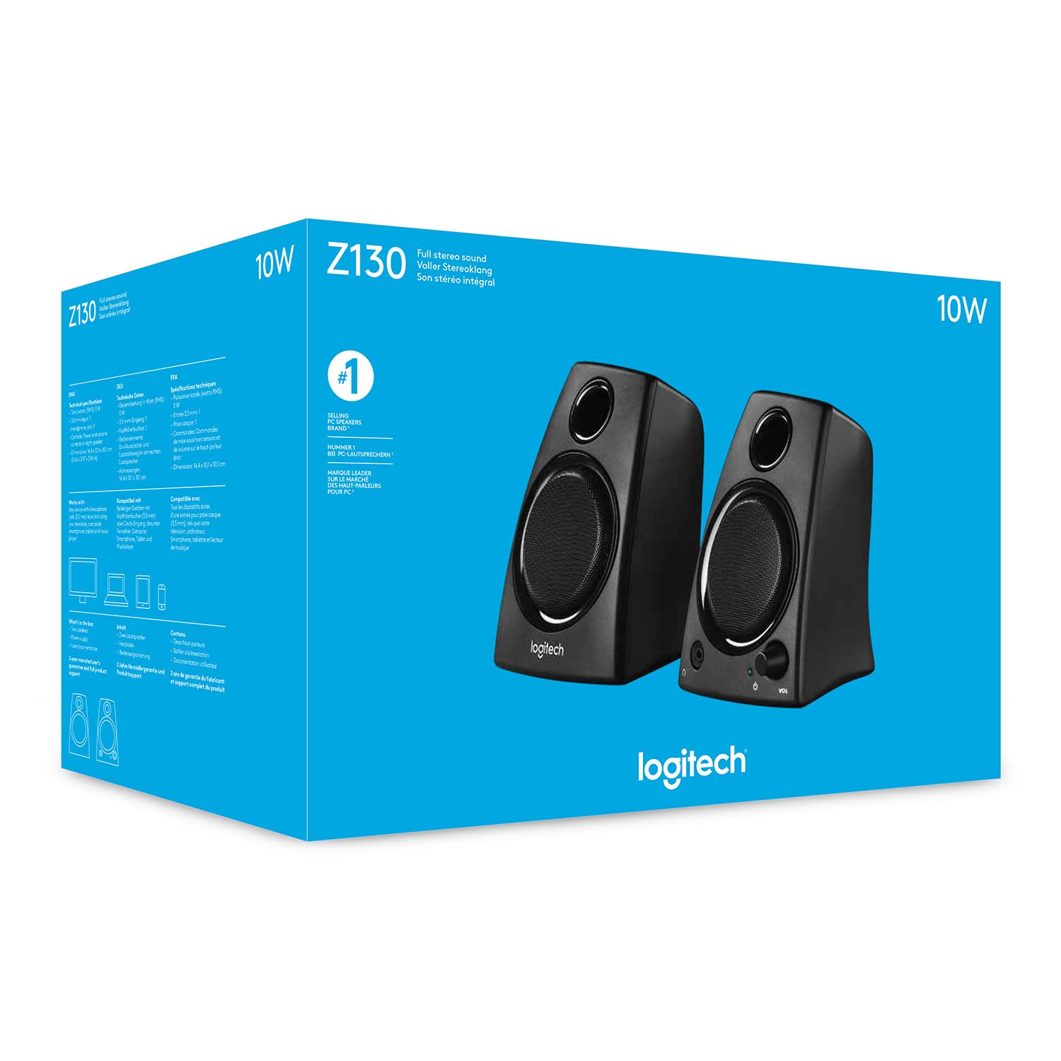 Logitech Z130 PC Speakers, Full Stereo Sound, Strong Bass, 3.5mm Audio Input, Headphone Jack, Volume Controls, Computer/TV/Smartphone/Tablet - Black