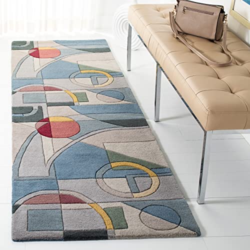 SAFAVIEH Rodeo Drive Collection Runner Rug - 2'6" x 14', Blue & Multi, Handmade Mid-Century Modern Abstract Wool, Ideal for High Traffic Areas in Living Room, Bedroom (RD845B)