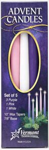 christmas advent candles (set of 5) - 10" wax taper candles by vermont christmas company - 3 purple, 1 pink, 1 white