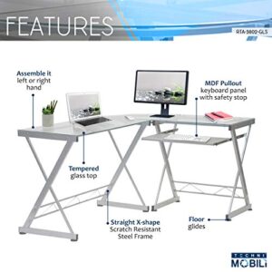 Techni Mobili L Shaped Desk with Keyboard Tray - Efficient Work from Home Desk - Glass L Shaped Desk - Professional Work Desk For Home Office - Versatile Glass Corner Desks for Home Office