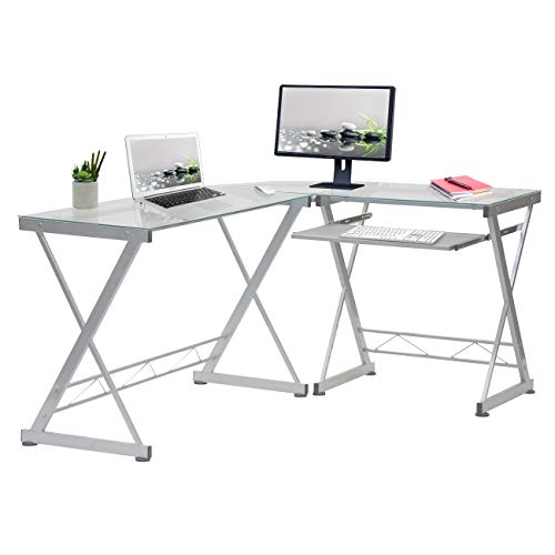 Techni Mobili L Shaped Desk with Keyboard Tray - Efficient Work from Home Desk - Glass L Shaped Desk - Professional Work Desk For Home Office - Versatile Glass Corner Desks for Home Office