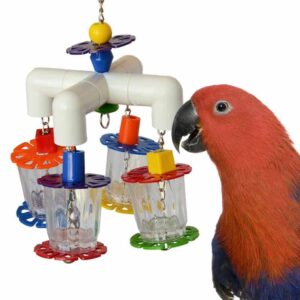 super bird creations sb634 foraging 4 way forager bird toy with clear acrylic cups, medium/large bird size, 12"x7"x7"