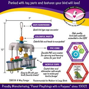 Super Bird Creations SB634 Foraging 4 Way Forager Bird Toy with Clear Acrylic Cups, Medium/Large Bird Size, 12"x7"x7"