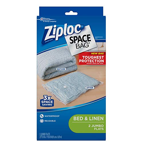 Ziploc Space Bag Clothes Vacuum Sealer Storage Bags for Home and Closet Organization, Jumbo, 2 Bags Total