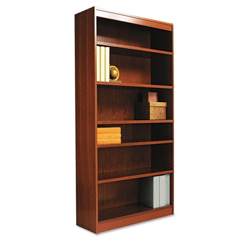 Alera Square Corner Wood Veneer Bookcase, Six-Shelf, 35.63w x 11.81d x 71.73h, Mahogany