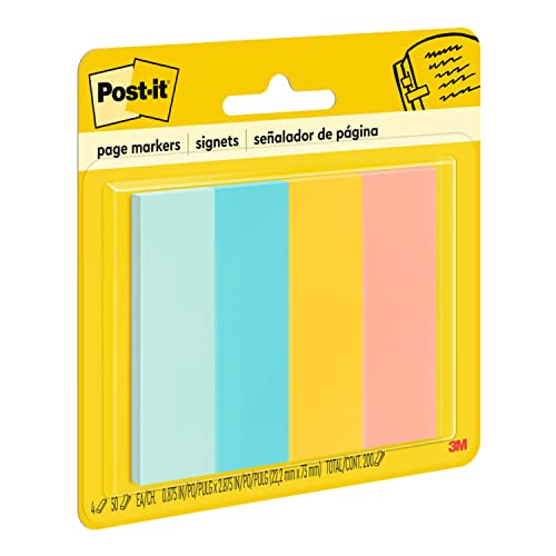 Post-it Page Markers, Assorted Colors, 1 in x 3 in, 50 Sheets/Pad, 4 Pads/Pack (671-4AF)