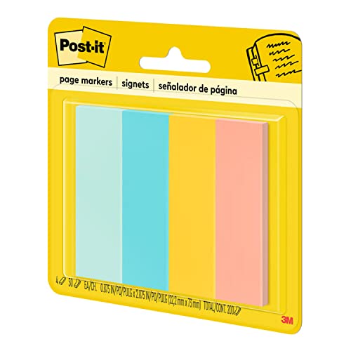 Post-it Page Markers, Assorted Colors, 1 in x 3 in, 50 Sheets/Pad, 4 Pads/Pack (671-4AF)