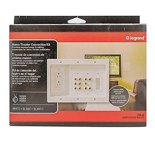 Legrand - OnQ Home Theater Connection, Recessed TV Outlet Supports 5.1 Speaker System, In Wall TV Power Kit Hides Cords, TV Outlet Box Works with All Plugs, TV Outlet Wall Kit, White, HT2103WHV1