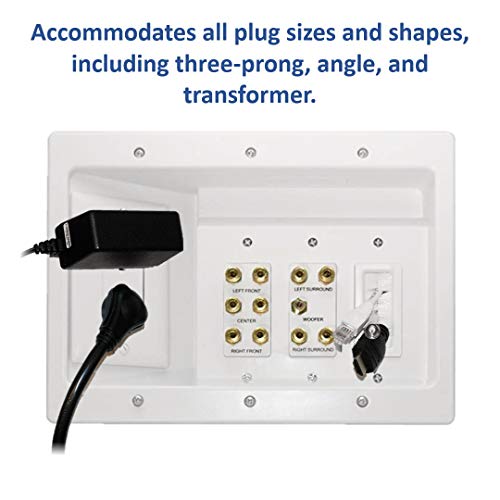 Legrand - OnQ Home Theater Connection, Recessed TV Outlet Supports 5.1 Speaker System, In Wall TV Power Kit Hides Cords, TV Outlet Box Works with All Plugs, TV Outlet Wall Kit, White, HT2103WHV1