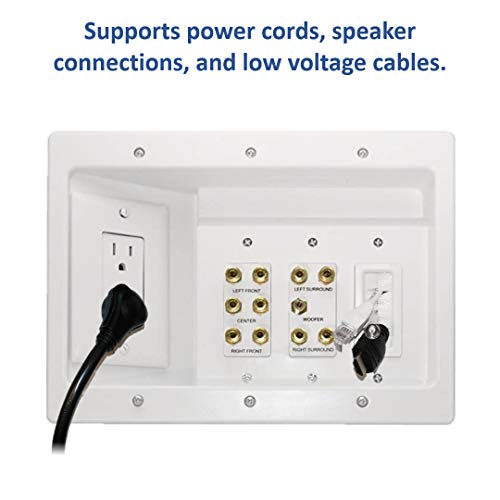 Legrand - OnQ Home Theater Connection, Recessed TV Outlet Supports 5.1 Speaker System, In Wall TV Power Kit Hides Cords, TV Outlet Box Works with All Plugs, TV Outlet Wall Kit, White, HT2103WHV1
