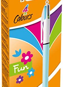 BIC 4 Colours Fun Retractable Ballpoint Pens - Box of 12 with Light Blue Pastel Barrel and Medium Point (1.0 mm)