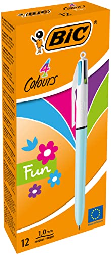 BIC 4 Colours Fun Retractable Ballpoint Pens - Box of 12 with Light Blue Pastel Barrel and Medium Point (1.0 mm)