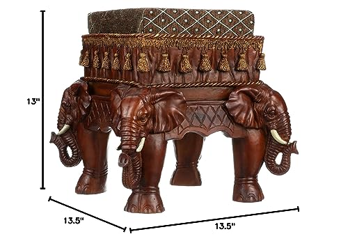 Design Toscano Maharajah Elephants Indian Decor Upholstered Footstool, 13 Inches Wide, 13 Inches Deep, 13 Inches High, Handcast Polyresin, Wood Tone Finish