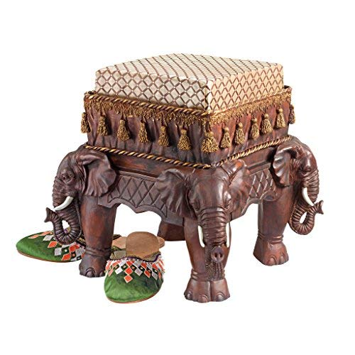 Design Toscano Maharajah Elephants Indian Decor Upholstered Footstool, 13 Inches Wide, 13 Inches Deep, 13 Inches High, Handcast Polyresin, Wood Tone Finish